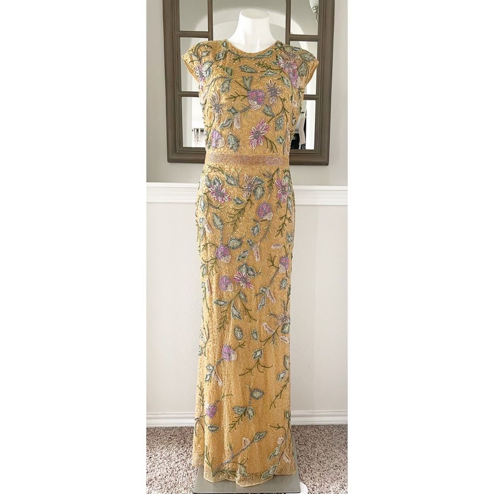 Mac Duggal Beaded Floral Gown Formal Dress, Mustard Yellow, New, Size 10 - Picture 6 of 15